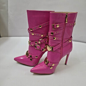 Y2K Azalea Wang Pink Studded Patent Vegan Leather Boots Glam Spike Heel Size 7.5